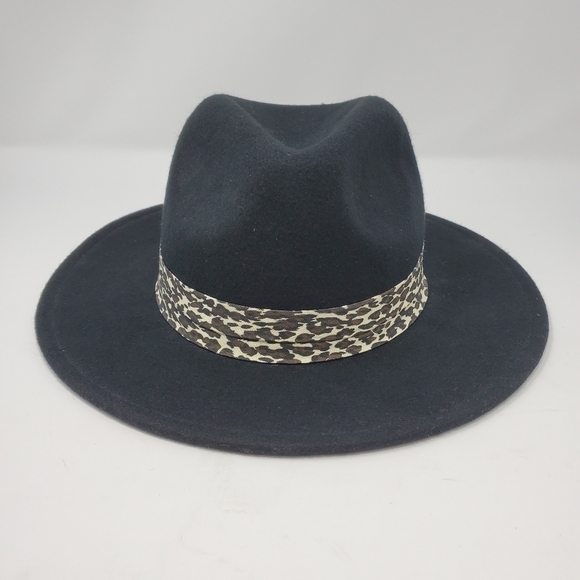 NINE WEST BLACK FEDORA HAT 100% WOOL CHEETAH PRINT BAND WOMEN OS - Picture 7 of 13